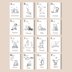 May include: A collection of illustrated alphabet cards featuring Winnie the Pooh characters. Each card has a letter and a corresponding word like "Adventure" or "Balloon", with black and white line drawings of the characters.
