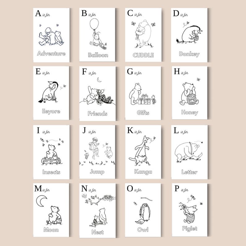 May include: A collection of illustrated alphabet cards featuring Winnie the Pooh characters. Each card has a letter and a corresponding word like "Adventure" or "Balloon", with black and white line drawings of the characters.