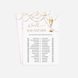 May include: Two bridal shower game cards with gold text and a champagne glass illustration. The text reads "Would She Rather" with a list of choices like "Sleep in Late or Get Up Early". Pearl and gold accents.