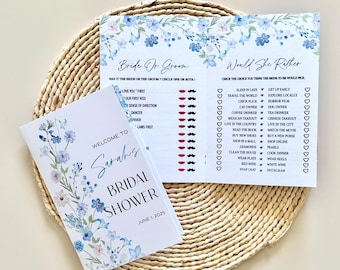 May include: A set of bridal shower games and a welcome booklet, featuring blue and white floral designs. The booklet reads "Welcome to Sarah's Bridal Shower, June 1, 2025." The games include "Bride or Groom" and "Would She Rather."