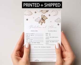 May include: A printable baby shower game card with a cute cartoon bear holding balloons. The card has sections for guests to write predictions about the baby's birth date, time, weight, length, hair and eye color, and advice for the new parents.