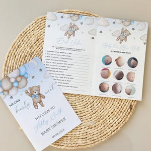 We Can Bearly Wait Baby Shower Game Booklet - Brown Teddy teBear & Blue Balloon Theme Activities