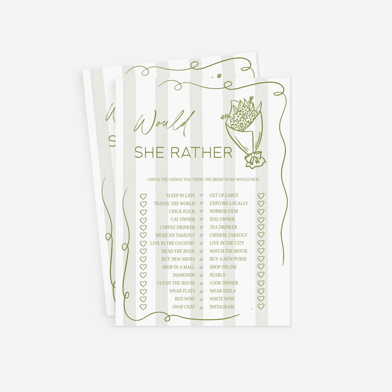 May include: Three bridal shower game cards with a green and white striped background. The cards say "Would She Rather" with a list of choices. A floral bouquet illustration is at the top right.
