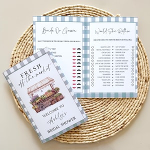May include: A bridal shower game with a blue and white gingham background. The game is called "Bride or Groom" and "Would She Rather". The game includes questions about the bride and groom, such as "Who said "I love you" first?" and "Who is the cat owner?"