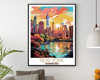 New York city poster - skyline wall art print of central park. Retro Travel Poster of NYC and Manhattan