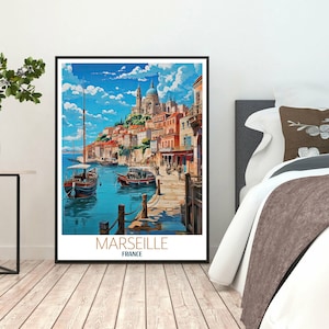 Arte de la pared del cartel de Marsella, impresión de viaje surrealista de Francia, puerto antiguo / Arte digital moderno ai
