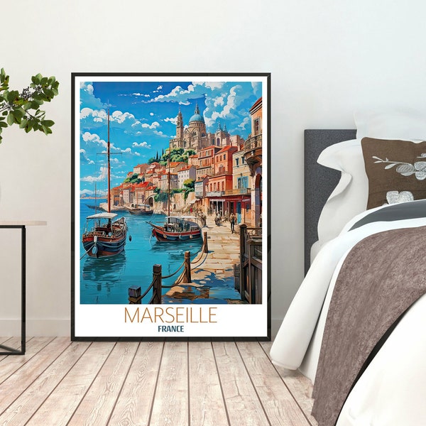 Marseille poster wall art, France surreal travel print, old port | Modern digital ai art