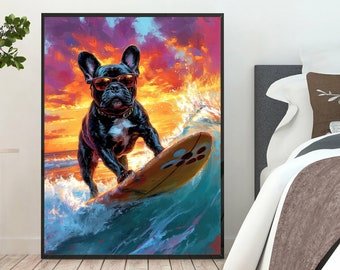 May include: A black French bulldog wearing sunglasses is riding a surfboard on a wave. The background is a colorful sunset with orange, pink, and purple hues. The image is a painting.
