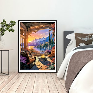 May include: Framed art print depicting a scenic mountain lake view at sunset. The artwork features a patio with chairs, a fire pit, and vibrant flowers. The background showcases snow-capped mountains, a lake, and a colorful sky.