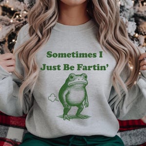 May include: A pale grey sweatshirt featuring the green text "Sometimes I Just Be Fartin'". Below the text is a green frog illustration, with a cloud graphic emanating from its rear.