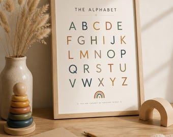 May include: A framed alphabet print with colorful letters, a wooden toy, a spiral-bound notebook, and a pencil on a wooden surface. The print includes the text "THE ALPHABET" and "YOU ARE CAPABLE OF AMAZING THINGS."