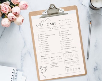 May include: Printable self-care checklist with a white background and black text. The checklist includes items such as take a hot bath, call a friend or family, meditation, watch a movie, try a new restaurant, and more. The checklist also includes sections for hours of sleep, water balance, and mood.