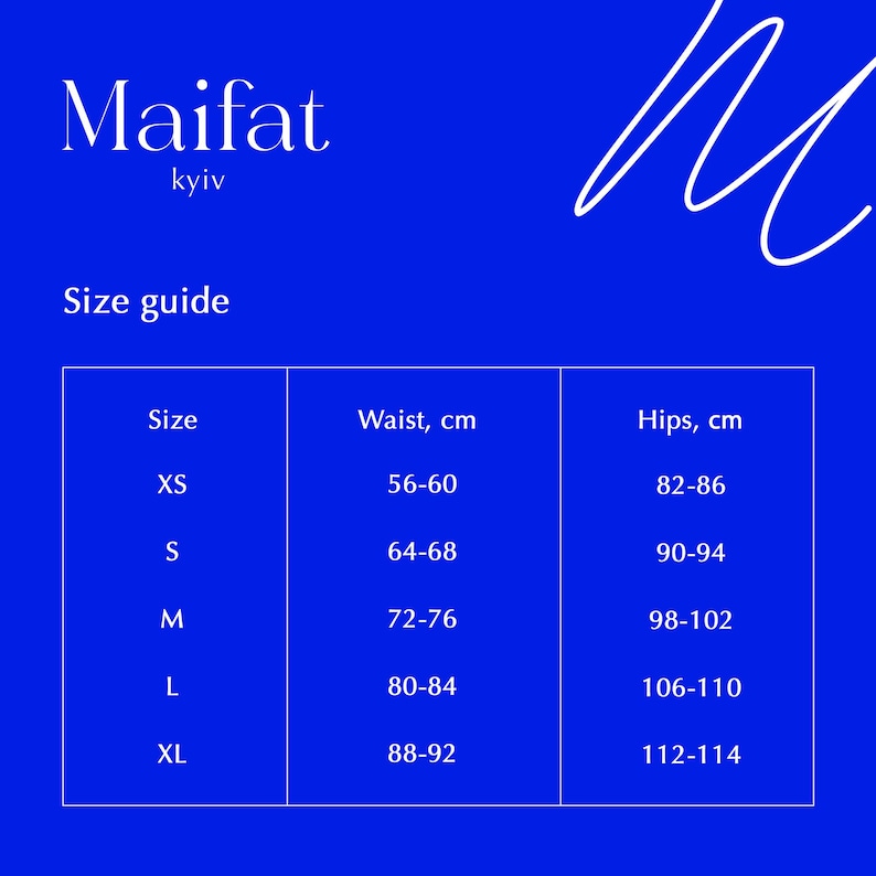 May include: A blue graphic with the brand name "Maifat" and "kyiv" in white. Below, a size guide table shows sizes XS to XL with waist and hip measurements in centimeters. The background is a solid blue.