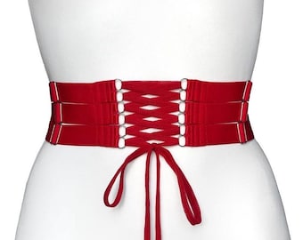 Red Elastic Corset Belt with Front Lacing