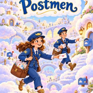 May include: A digital illustration titled Cloud Postmen featuring two mail carriers in blue uniforms with winged brown boots, carrying leather satchels filled with envelopes, navigating a whimsical sky city made of fluffy white clouds.
