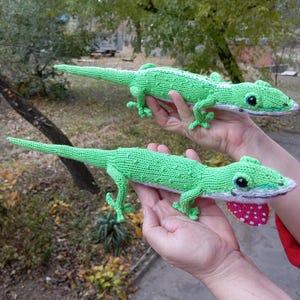 Könnte beinhalten: Zwei grüne, gestrickte Eidechsenspielzeuge mit weißen Akzenten. Die Eidechsen werden in den Händen einer Person gehalten. Die größere Eidechse hat eine rot-weiß gepunktete Zunge.