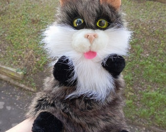 Black White cat Hand Puppet, Fluffy Cat hand Puppet, Gray Cat puppet Marionette glove, Plush cat, Handpuppe, Soft fur toy kitty, Glove cat