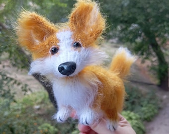 Realistic Corgi Plush Toy, Handmade Crocheted Fluffy Dog Figurine, Corgi Lover Gift, OOAK Pet Replica, Desk Accessory for Dog Moms