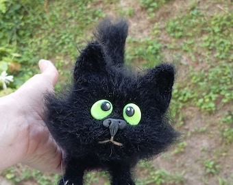 Schwarze Katze Plüschtier, fette Katze Häkeln Spielzeug, weiches gestricktes Spielzeug Katze, Amigurumi fette Katze, flauschiges Katzenspielzeug, gehäkeltes Plüsch, Katze Stofftier, Tierspielzeug