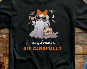 Very Demure, Sip Mindfully, Chic Ghost Sipping Martini Halloween T-Shirt,  Halloween party attire, funny ghost tee, cocktail lover gift