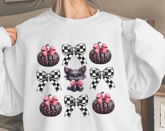 Halloween Pink Pumpkin,  Cat & Gift Bows Sweatshirt , Coquette Bow Design shirt, pink pumpkin top,  black cat Halloween