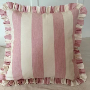 Ian Mankin Pink and cream Devon wide stripe ruffle cushion cover 40cm /16&quot;.