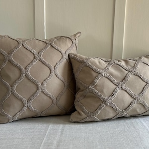 Luxury ogee style crewel woven work cushion cover. Mink, natural stone colour. Luxury hotel style decor.