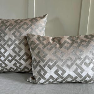 Dedar Milano Lovely Silk velvet geometric grecian cushion cover. Champagne cream and silver geometric detail.