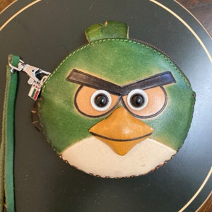 Bolsa de couro legítimo Angry Birds feita à mão, bolsa para dinheiro, moedas, zíper, carteira, Hal, o pássaro bumerangue, pássaro verde