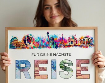 Geldgeschenk / Skyline / Weltreise / Für deine nächste Reise / REISE zum Ausschneiden / Kreatives Last Minute Geschenk / A3, A4, A5 / PDF