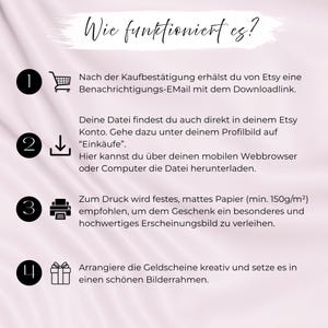 May include: A light pink graphic with the text "Wie funktioniert es?" and numbered steps. The steps include a shopping cart, a download icon, a printer, and a gift box, with German instructions.
