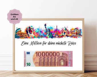 Geldgeschenk / Skyline / Weltreise / Eine Million für deine nächste Reise / Kreatives Last Minute Geschenk / A4 und A5 / PDF