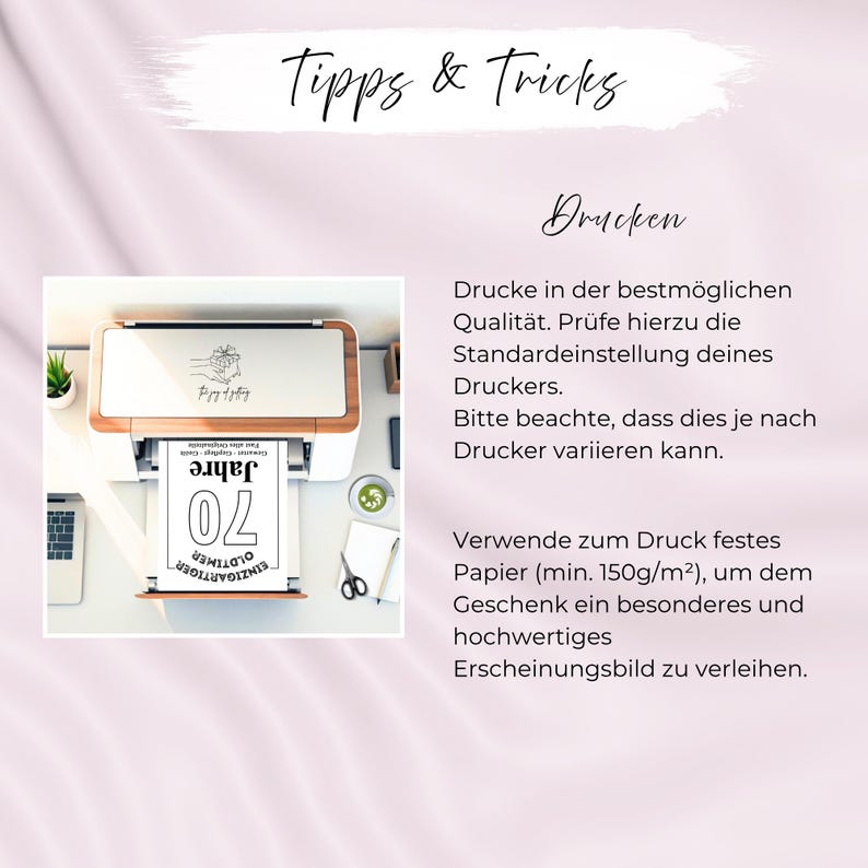 May include: A white printer with a wooden top is printing a black and white document with the number 70. The document also has the words "Jahre" and "Oldtimer". The image has text in German.