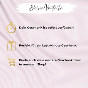 May include: A light pink background with gold icons and text. The text reads "Deine Vorteile" at the top, followed by "Dein Geschenk ist sofort verf&uuml;gbar!" and "Perfekt f&uuml;r ein Last-Minute Geschenk!"