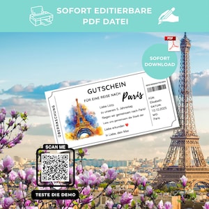 Geschenkgutschein Paris Reise | PDF Gutschein zum Ausdrucken | Téléchargement | Barre personnalisée | Démo QR
