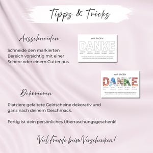 May include: A light pink background with the text "Tipps & Tricks" in a handwritten font. Two cards that say "DANKE" are shown. The text on the cards is in German. The image also includes instructions on how to use the cards.
