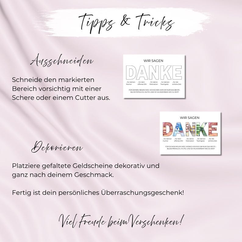 May include: A light pink background with the text "Tipps & Tricks" in a handwritten font. Two cards that say "DANKE" are shown. The text on the cards is in German. The image also includes instructions on how to use the cards.