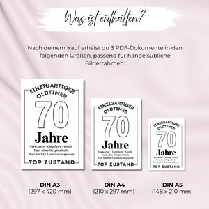May include: Three black and white printable signs with the text "EINZIGARTIGER OLDTIMER 70 Jahre" in a decorative frame. The sizes are DIN A3 (11.7 x 16.5 inches), DIN A4 (8.3 x 11.7 inches), and DIN A5 (5.8 x 8.3 inches).