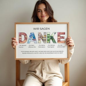 May include: A framed print with the German phrase "WIR SAGEN DANKE" (We Say Thank You) in large letters, each filled with colorful images of Euro banknotes. The print includes additional text below, all in German.