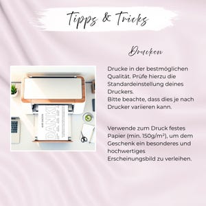 May include: A white and wood-toned printer printing a document with the word "DANKI" on it. The image includes text in German, a laptop, scissors, and a small plant. The image is a guide on printing.