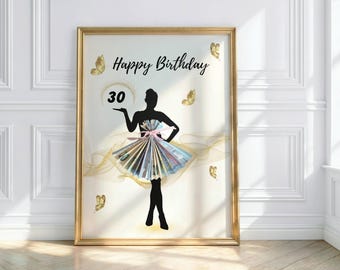 Geldgeschenk zum 30. Geburtstag | Frau Silhouette mit Fächerkleid | Geld kreativ verschenken | Last-Minute Geschenk | A3, A4, A5 | PDF