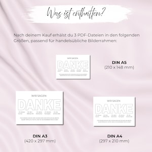 May include: A digital print product with the text "Was ist enthalten?" and "WIR SAGEN DANKE" in a white font. The image shows three different sizes: DIN A5 (210 x 148 mm), DIN A3 (420 x 297 mm), and DIN A4 (297 x 210 mm).