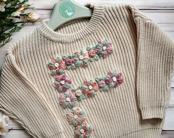 Personalised Name | Floral Initial | Baby & Children's Knit Jumper | Hand-stitched, Embroidery | Gift Ideas |