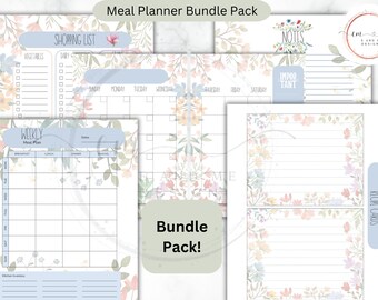 Floral Meal Planner Bundle, Weekly, Monthly, Grocery List (Digital Download)