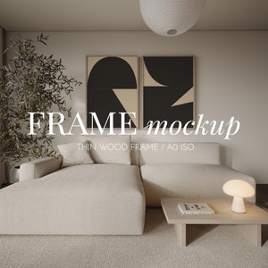 Model met twee frames in interieur, houten frame mockup, A0 frame mockup PSD-sjabloon, ISO-frame mockup, Japandi-mockup, minimalistisch mockup