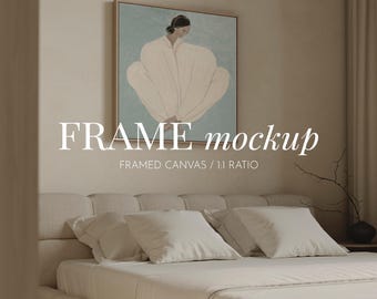 Bedroom canvas frame mockup, Square canvas frame mockup, Floating canvas Wall art mockup, Bedroom frame mockup,Canvas mockup PSD