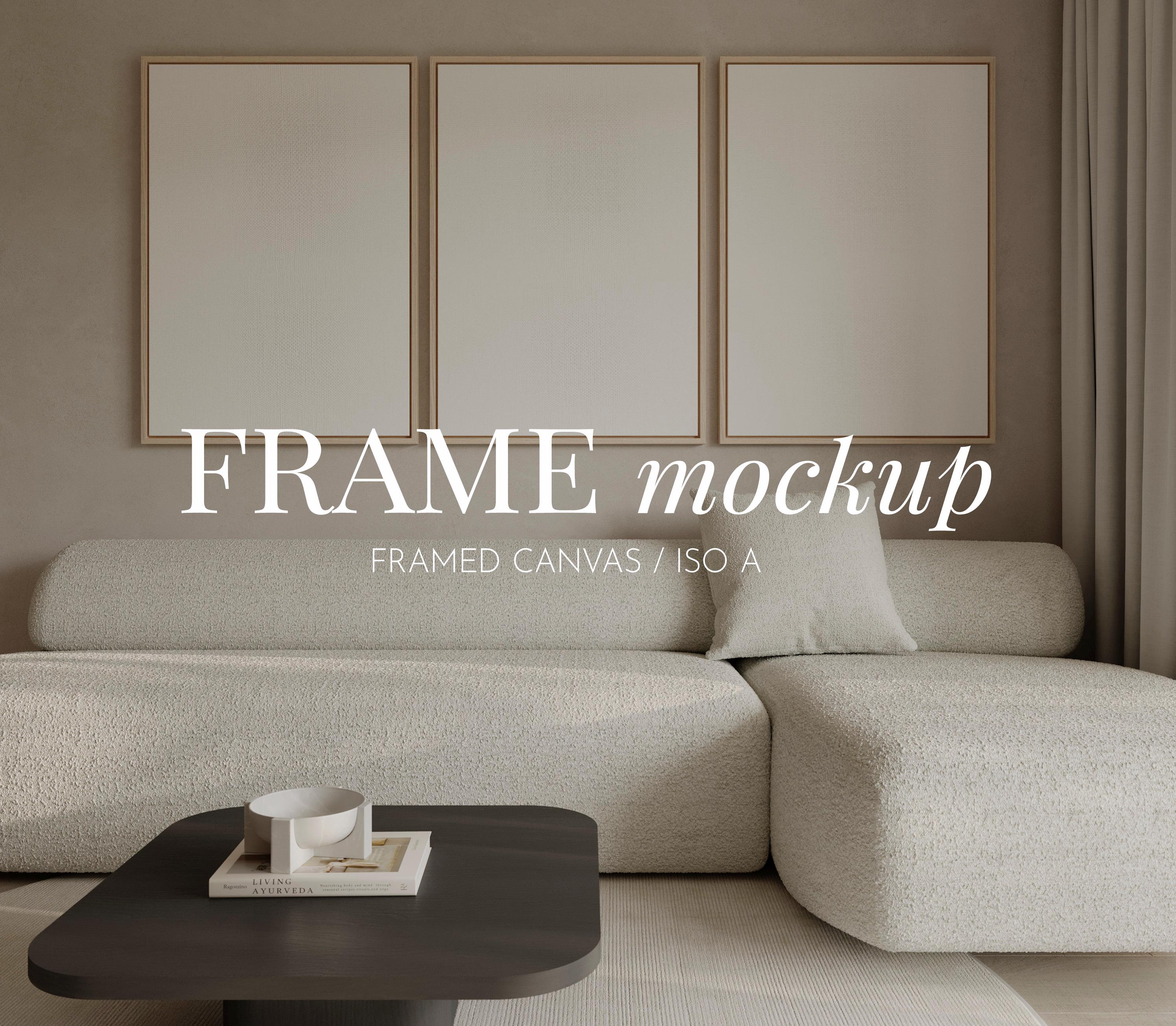Three framed  Canvas  mockup in Japandi living room, ISO A canvas frame mockup, Framed canvas Wall art mockup, Blank canvas mockup PSD