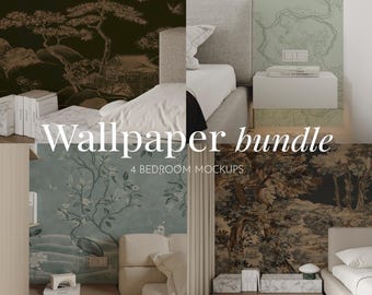 May include: A digital wallpaper bundle featuring four bedroom mockups with diverse wall designs. The images display interior scenes with beds, nightstands, and decorative wall coverings in dark, light, and muted tones with nature-inspired motifs.