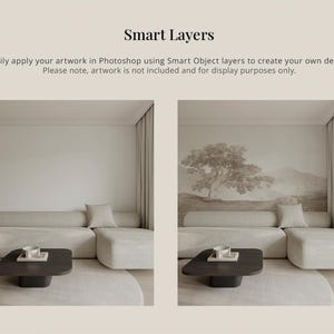 May include: Two images of a living room with a sectional sofa and a coffee table. The left image shows a plain white wall, while the right image shows a wall with a scenic mural of a tree and mountains. Both images show a white coffee table with a white cup and saucer on top.