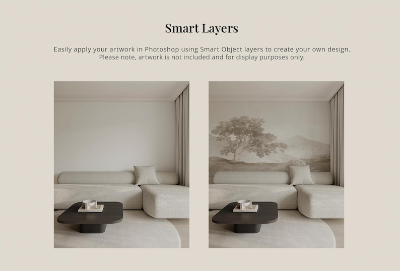 May include: Two images of a living room with a sectional sofa and a coffee table. The left image shows a plain white wall, while the right image shows a wall with a scenic mural of a tree and mountains. Both images show a white coffee table with a white cup and saucer on top.